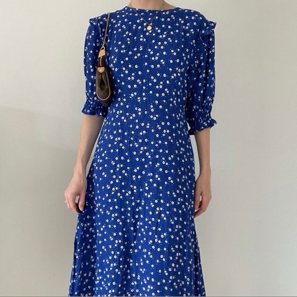 Faithfull The Brand Jean Marie Betina Floral Print Cobalt Blue Midi Dress - Picture 1 of 9